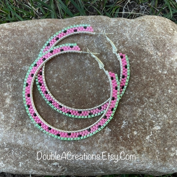 Pink Watermelon 2” Beaded Hoops, New, Handmade by Me - Picture 1 of 10